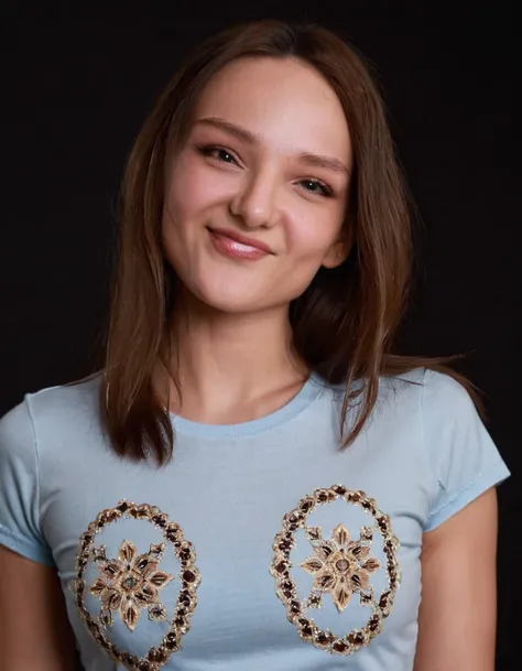 Karolina, half body, smiling, tshirt, black background
