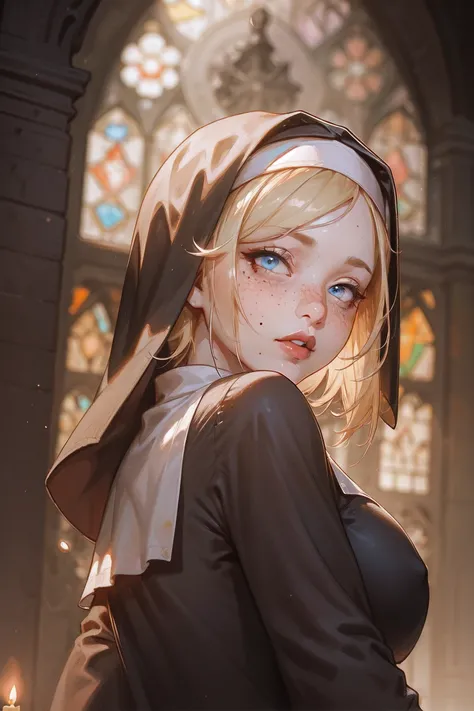 1girl, solo, stained glass, nun, looking back, habit, from behind, church, looking at viewer, candle, blonde hair, blue eyes, indoors, lips, mole under eye, freckles, standing, , portrait,  rule of third, dynamic pose,  dynamic angle, cinematic camera,