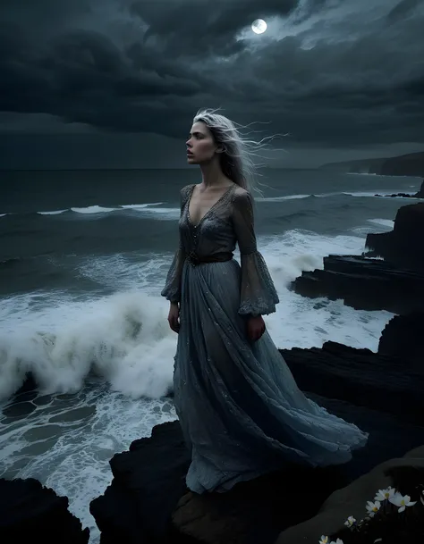 pollyellsie Polly Ellsie, a single girl with cascading silver hair and an ethereal glow, stands tall and defiant atop a craggy cliff overlooking the turbulent ocean, her extravagant gown crafted from night-blooming flowers shimmering in the moonlight. Her ...