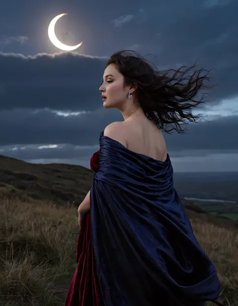 On the desolate, windswept moorland, bathed in a golden twilight and haunted by the melancholic song of an unseen lark, a beguiling woman stands, her ethereal attire shimmering like moonbeams amidst the swirling darkness. Clad in midnight blue silk adorned...