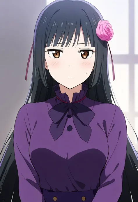 1girl, solo, kurobane_sakura, upper body, purple dress, pink rose, expressionless, looking at viewer, blush, best quality, masterpiece