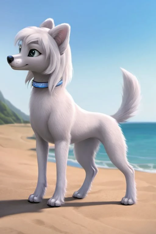 ((solo)), dog, iris, female, feral, tail, ((short legs)), standing, side view, anatomically correct, realistic fur, detailed, quadruped, collar, best quality, Beach, masterpiece, detailed eyes, detailed pupil, ((full body)),