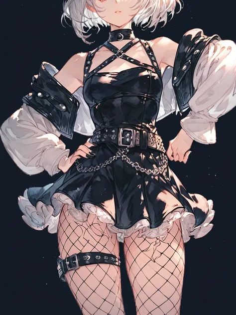 (score_9,score_8_up,score_7_up),high quality,best quality,Highly detailed,highres,1girl,sexy,black background,simple background,Fishnet tights, mini dress, studded belt,<lora:granblue_XL:0.7>,