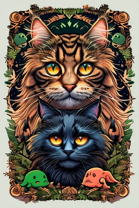 masterpiece,best quality,<lora:tbh160-:0.9>,illustration,style of Dan Mumford,portrait of Cthulhu cute Mainecoon cat and Abyssinian cat