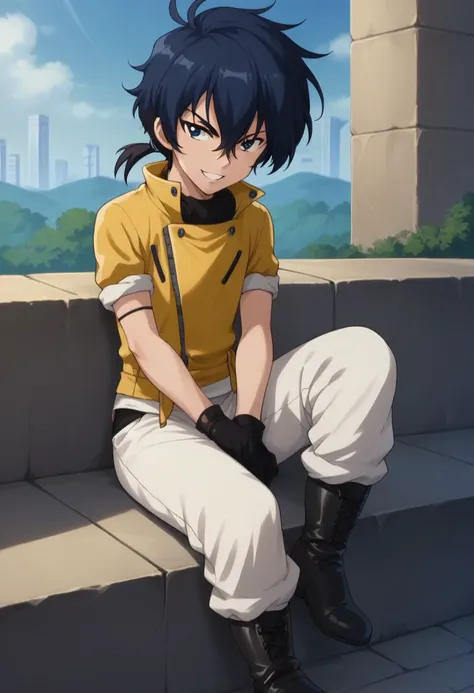 score_9, score_8_up, score_7_up, source_anime, highly detailed, 
samuru, 1boy, male focus, solo, gloves, blue hair, blue eyes, black gloves, pants, black hair, hair between hair, ponytail, low ponytail, boots, sit,
outdoor, smile, grin,