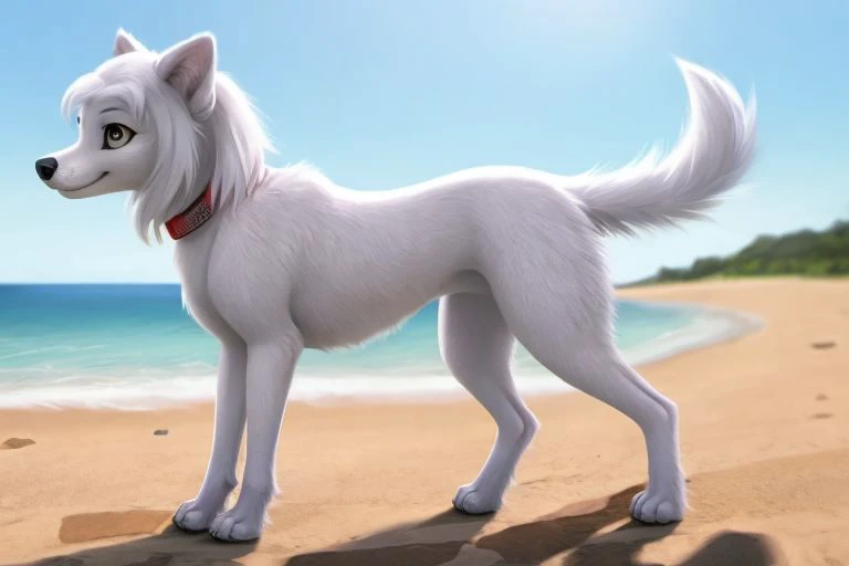 ((solo)), dog, iris, female, feral, tail, ((short legs)), standing, side view, anatomically correct, realistic fur, detailed, quadruped, collar, best quality, Beach, masterpiece, detailed eyes, detailed pupil, ((full body)),