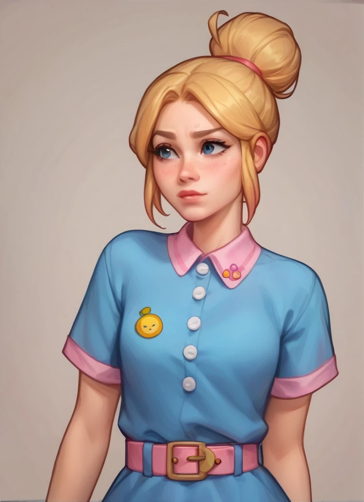 score_9, score_8_up, score_7_up, <lora:bspiper:1>bspiper , 1 girl blonde hair  ,hair bun    ,blue dress , ,pink belt ,upper body,  ,short sleeves,short dress,  <lora:Kittew-4RCH0N:1>
