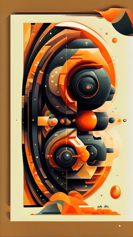 Create flat design in an novel illustration style and detailed illustration mainly in warm, black and orange tones. It consists of various geometric elements such as straight lines, semi-circles and 3d shapes. These shapes are arranged in a detailed manner...