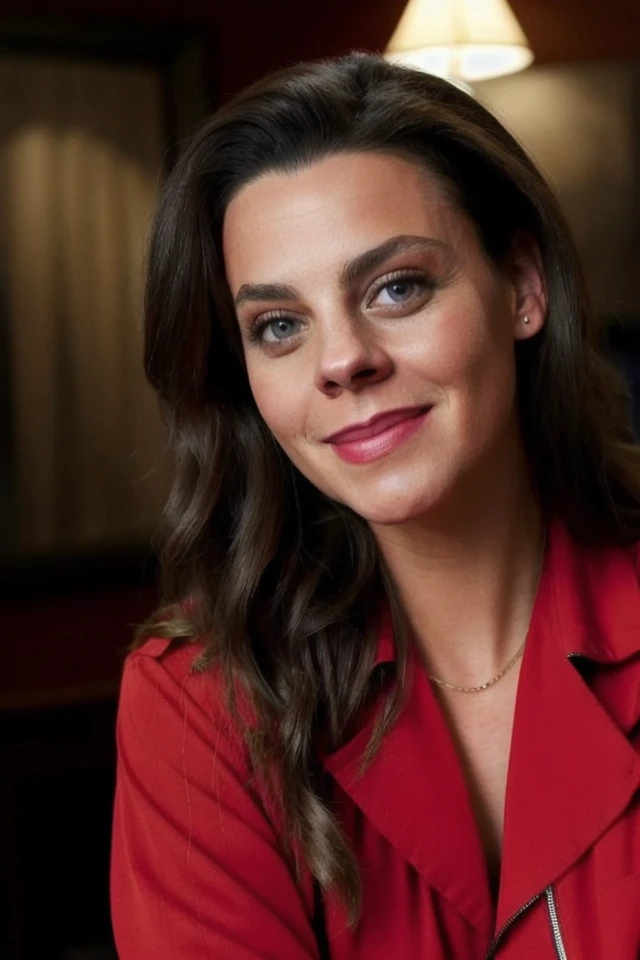 Photo of cl4r4alv4r4d0 woman, smiling, red jacket blouse, in a dark room