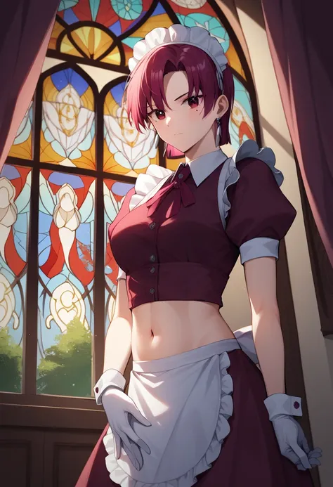 score_9,score_8_up,score_7_up,<lora:fate_hollow_ataraxia_all:1>,1girl, adjusting_gloves, bazett_fraga_mcremitz, breasts, closed_mouth, cowboy_shot, curtains, elbow_gloves, frilled_apron, frilled_dress, gem, highres, leaf, looking_at_viewer, maid_apron, mai...