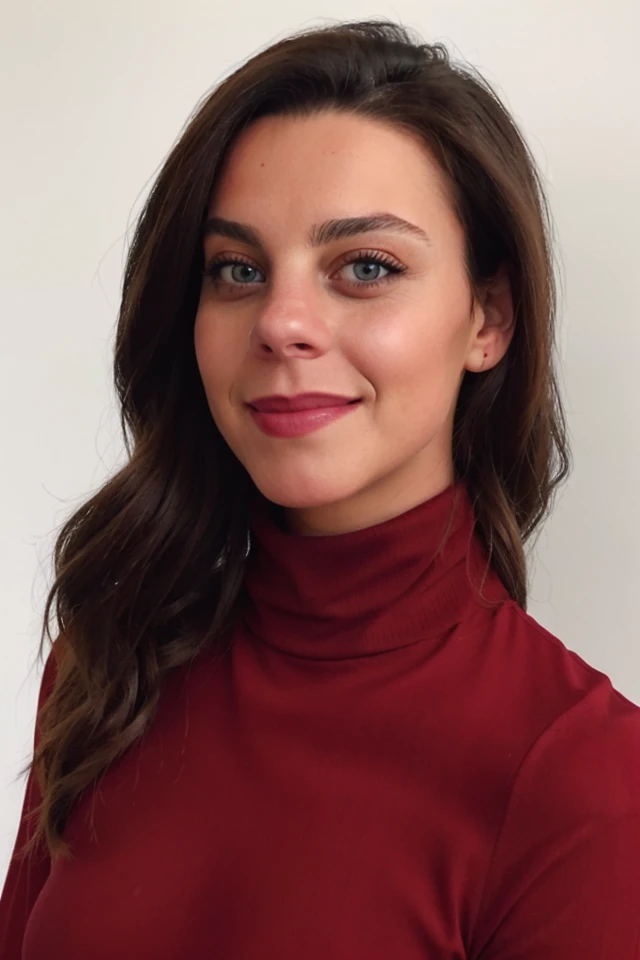 Photo of cl4r4alv4r4d0 woman, smiling, red turtleneck blouse