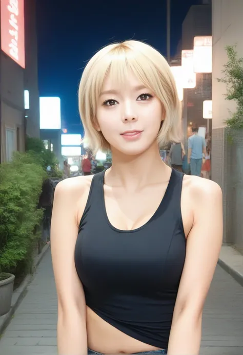 score_9,score_8_up,score_7_up,1girl, blonde hair, short hair, detailed face, brown eyes, looking at viewer,choaPNY,(smile:0.5),outdoors,city streets, wearing a sleeveless shirt,night, <lora:choaPNY:1>