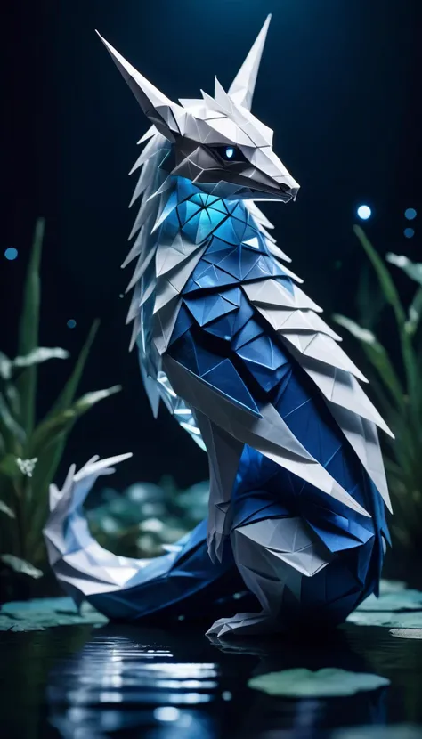 high quality,extremely detailed and beautiful origami fantasy translucent magical chillet,glowing within,blue and white colors,beautiful vibrant dark moonlight lake at night,sharp focus,intricate,detailed illustration,beautiful color palette,incredible det...