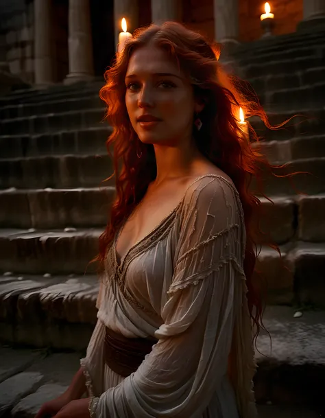 Amidst the crumbling marble steps of an ancient Roman amphitheater, bathed in the soft glow of moonlight and a single candles flicker, a woman dressed in an exquisite ensemble that seamlessly blends Eastern and Western aesthetics stands defiantly. Her eyes...