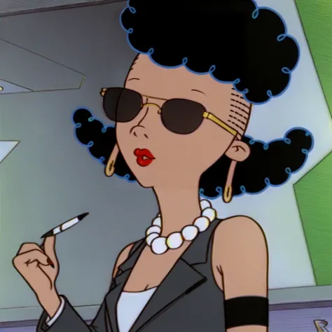 <lora:PonyXL_Rude_Receptionist_Hey_Arnold:2.0> rude_receptionist, solo, 1girl, dark skin, curly hair, black hair, jewelry, pearl_necklace, (suit:1.3), necktie, sunglasses,, makeup, red lipstick, bare shoulders, earrings, arm straps,  eyelids lowered, lower...