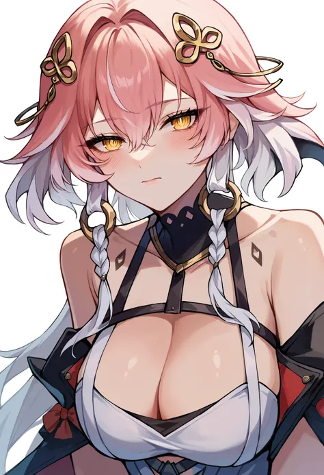 score_9,score_8_up,score_7_up,score_6_up <lora:changli xl:0.8> changli-wuwa, 1girl, breasts, solo, pink hair, large breasts, looking at viewer, cleavage, yellow eyes, blush, upper body, hair between eyes, hair ornament, white hair, dress, bare shoulders, b...