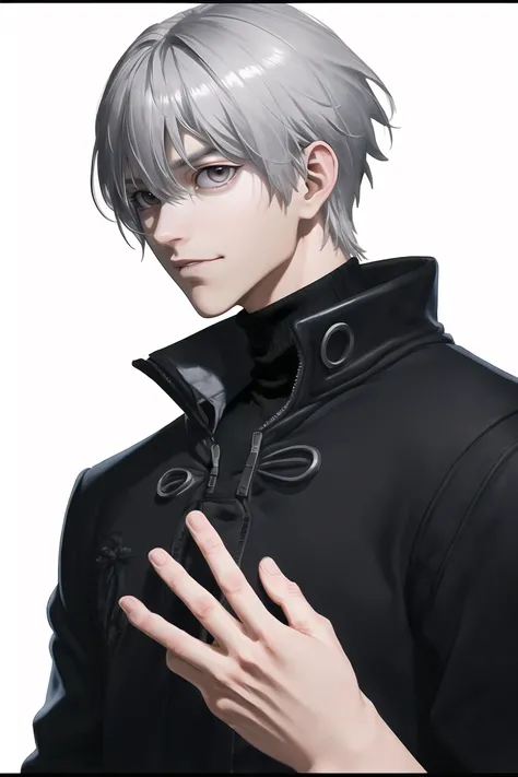 solo,1boy,male focus,kaneki ken,white background,simple background,grey hair,turtleneck,letterboxed,