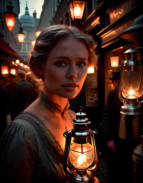 surfsterre A Victorian woman, her eyes smoldering with an unspoken intensity, stands amidst the bustling London market, framed by the soft glow of a lantern and the harsh contrast of flickering gas lamps, her gaze fixed on the cobblestones as if searching ...