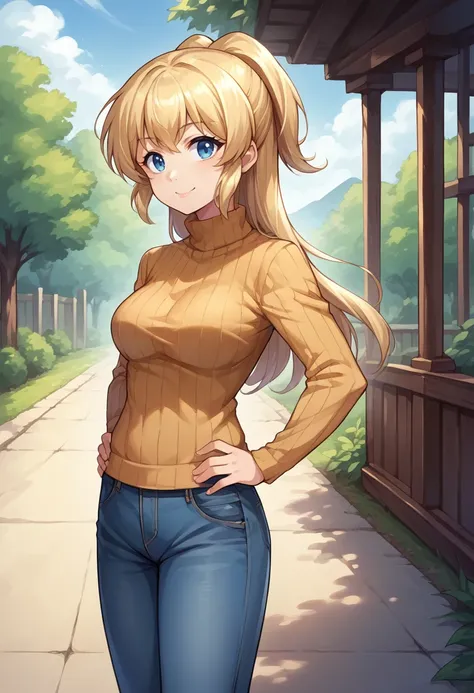 score_9, score_8_up, source_anime, 1girl, solo, YuinshielAsteria, long hair, ponytail, outdoors, sweater, ribbed sweater, jeans, hands on hips, smile, <lora:ChamYuinshielAsteriaPonyXL:1.0>