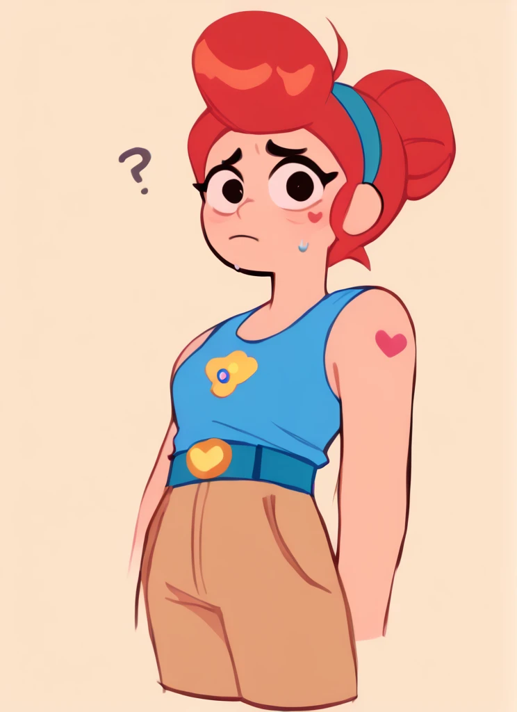 score_9, score_8_up, score_7_up, <lora:bspam:1>bspam , 1 girl , hairband , jewelry,  red hair  ,heart tattoo in arm  ,blue tank top,  belt , brown pants,confused, hair bun,  pompadour  , looking at viewer, sweating, <lora:SyrupyyyArt:1>