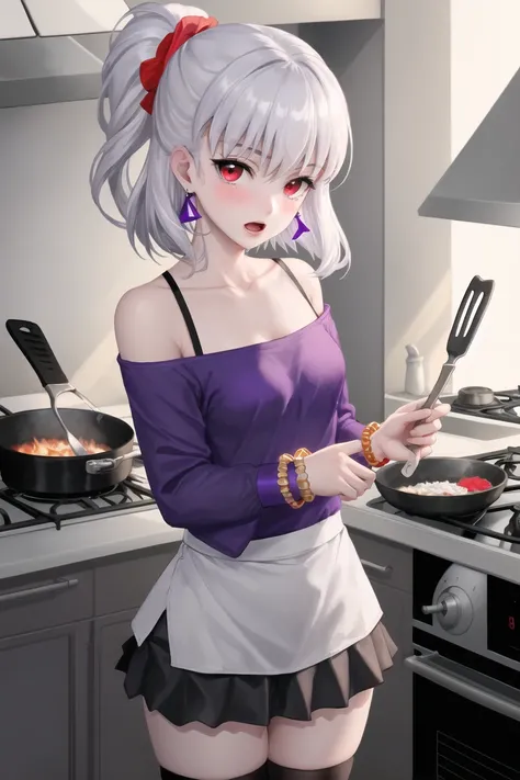 kama (fate), 1girl, skirt, jewelry, thighhighs, looking at viewer, earrings, kitchen, spatula, hair ribbon, solo, bangs, short hair, ribbon, blush, frying pan, shirt, red eyes, collarbone, stove, thighs, bare shoulders, bracelet, breasts, open mouth, grey ...