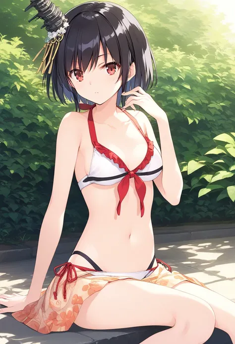 <lora:KC_05BB_yamashiro-n_pony:1> yamashiro-kc, short hair, black hair, headgear, red eyes, hair ornament, yamashiromizugi-kc, white bikini, bare arms, bare legs, bare shoulders,, score_9,score_8_up, score_7_up, source_anime, masterpiece, best quality,  of...