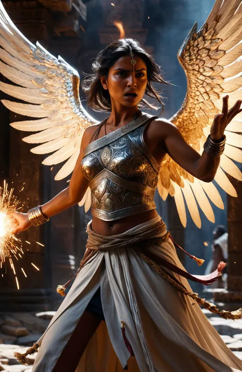 Intense Encounter in Sorcerers Stronghold - This, high-resolution (8K) RAW photo captures a determined and focused angry angel in an explosive attack pose. The Indian-Buddhistic fashion aesthetic adds to the dynamic tableau as our protagonist confronts sor...