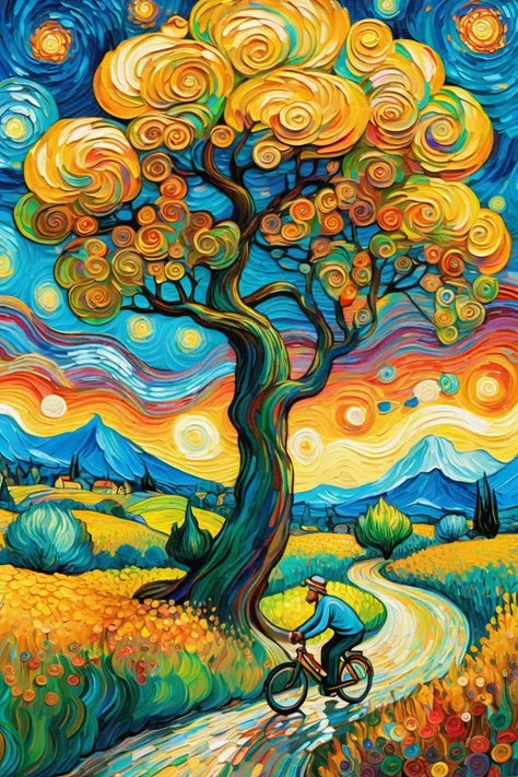 man with child lying in bed, whimsical landscape with vibrant colors, swirling skies resembling van goghs style, cartoonish, tree with thick trunk and bicycle leaning against it, medium age, possibly european, inspired by vincent van gogh, digital illustra...