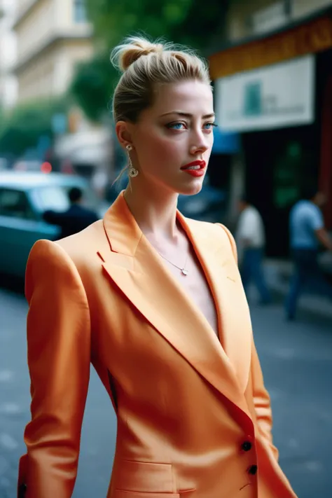 Portrait of Amber Heard looking into camera lens. A confident blonde woman with piercing blue eyes and a chic ponytail confidently walks through the vibrant streets of Bucharest, close up ,radiating sophistication and independence. Dressed in elegant attir...