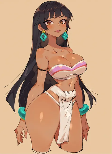 score_9, score_8_up, score_7_up, score_6_up, BREAK, <lora:USA37107692_Style_Pony:1>, 1girl, solo, large breasts, cowboy shot, simple background, <lora:add-detail-xl:.5>, Chel, El Dorado, bangs, black hair, white loincloth, tube top, bracelet, earrings, bro...