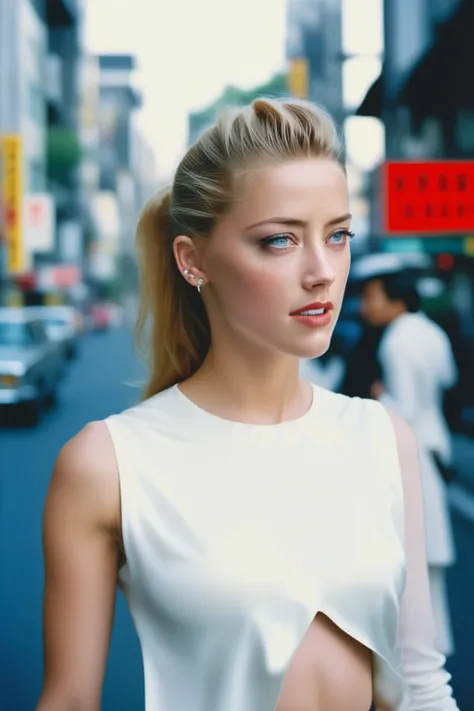 Portrait of Amber Heard looking into camera lens. A confident blonde woman with piercing blue eyes and a chic ponytail confidently walks through the vibrant streets of Tokyo, close up ,radiating sophistication and independence. Dressed in elegant attire, s...