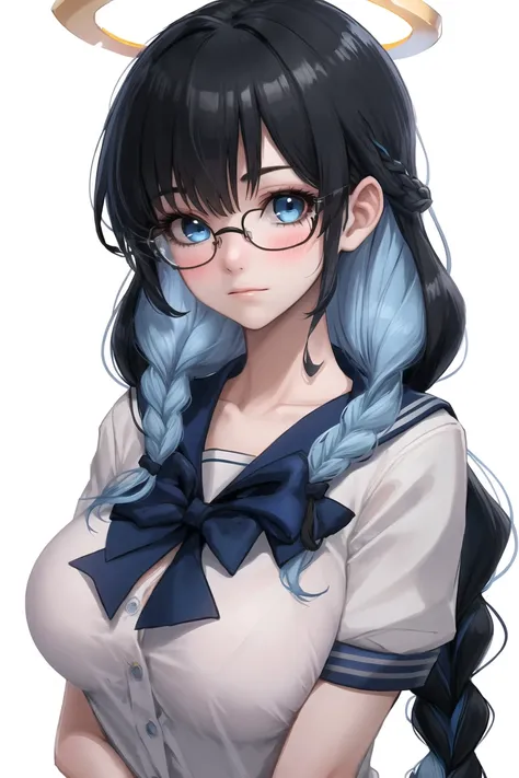 1girl,solo,glasses,halo,braid,sailor collar,multicolored hair,twin braids,blue hair,school uniform,breasts,bow,large breasts,white background,upper body,blue eyes,blush,looking at viewer,simple background,long hair,black hair,yellow bow,bangs,serafuku,two-...