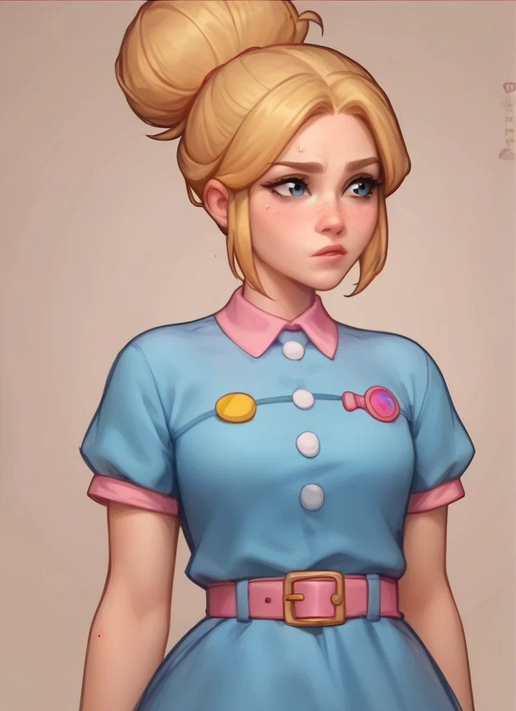 score_9, score_8_up, score_7_up, <lora:bspiper:1>bspiper , 1 girl blonde hair  ,hair bun    ,blue dress , ,pink belt ,upper body,  ,short sleeves,short dress,  <lora:Kittew-4RCH0N:1>