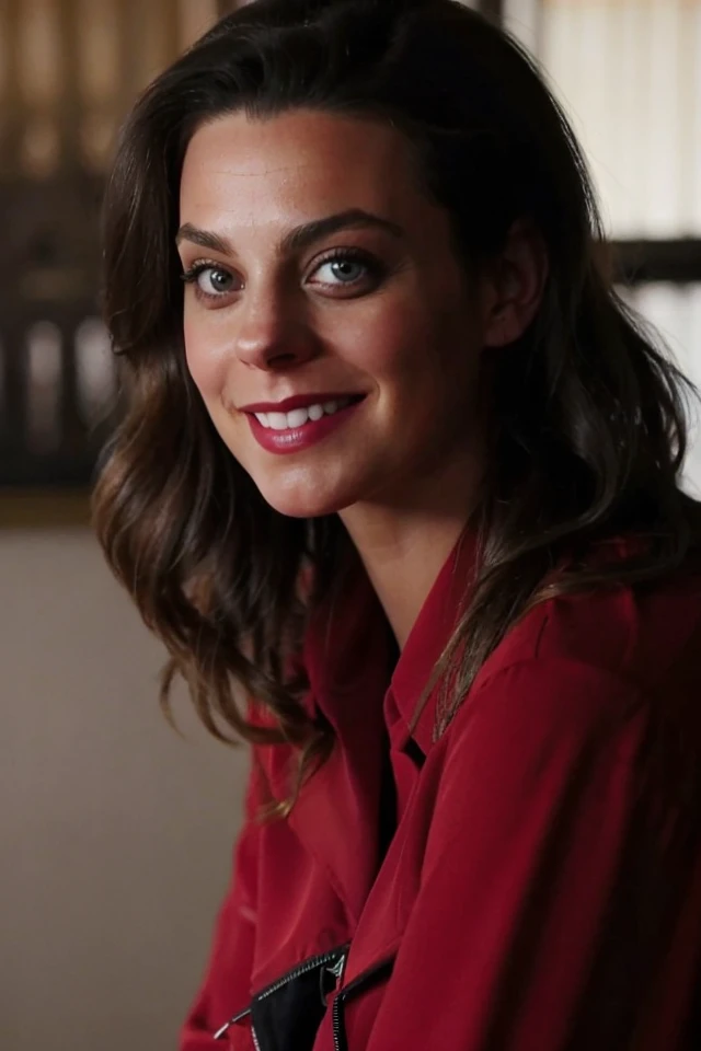 Photo of cl4r4alv4r4d0 woman, smiling, red jacket blouse, in a dark room