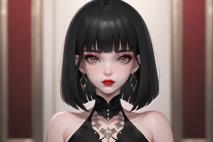 1girl, solo, black hair, looking at viewer, mole, short hair, black nails, mole under eye, bangs, jewelry, earrings, blurry, portrait, blurry background, blunt bangs, red lips, makeup, bob cut, nail polish, lips, bare shoulders, closed mouth, lipstick