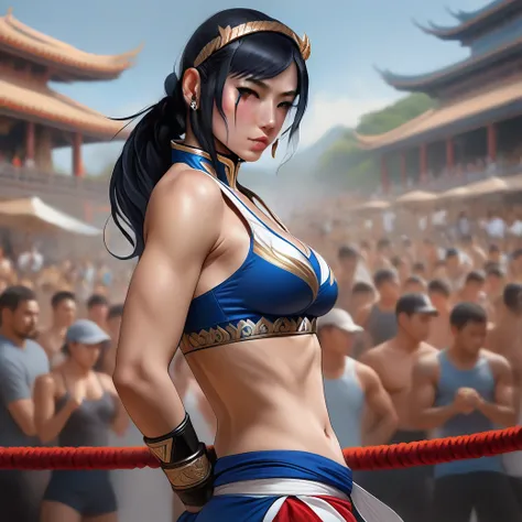 A highly detailed illustration of woman wearing mma bra, heroic muay thai stance pose, intricate, elegant, highly detailed, centered, digital painting, artstation, concept art, smooth, sharp focus, league of legends concept art, wlop <lora:Anush:1>