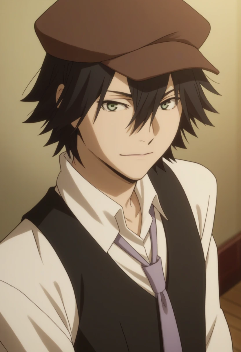 score_9, score_8_up, score_7_up, score_6_up, highly detailed, masterpiece, best quality,detailed,intricate details, amazing quality, best aesthetic, absurdres,source_anime,
ranpo edogawa, black hair, 1boy, male focus, solo, hat, necktie, vest, cabbie hat, ...