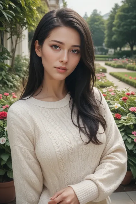 score_9,score_8_up,score_7_up, 20 years old, 8k, hd, beautiful girl, black hair, long hair,
1girl, beautiful womans face, sweater, outdoors, flower garden, cinematic light, looking at viewer, upper body,