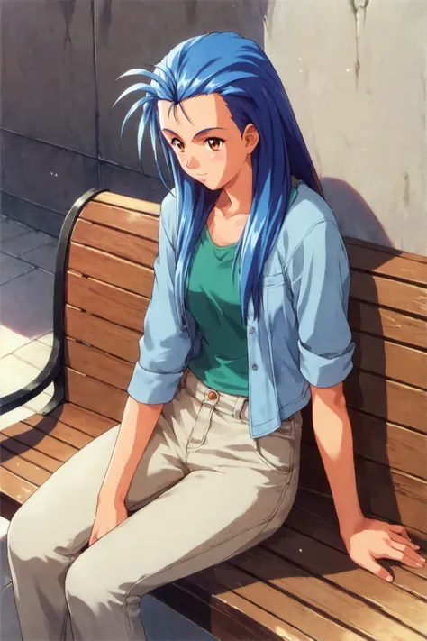 score_9,score_8_up,score_7_up,masterpiece,best quality,
Minazuki Kotoko,1girl,solo,blue hair,long hair,sitting,casual,bench,1990s (style),pants,
<lora:Tokimeki Memorial 2_XL_PONY:0.8>,