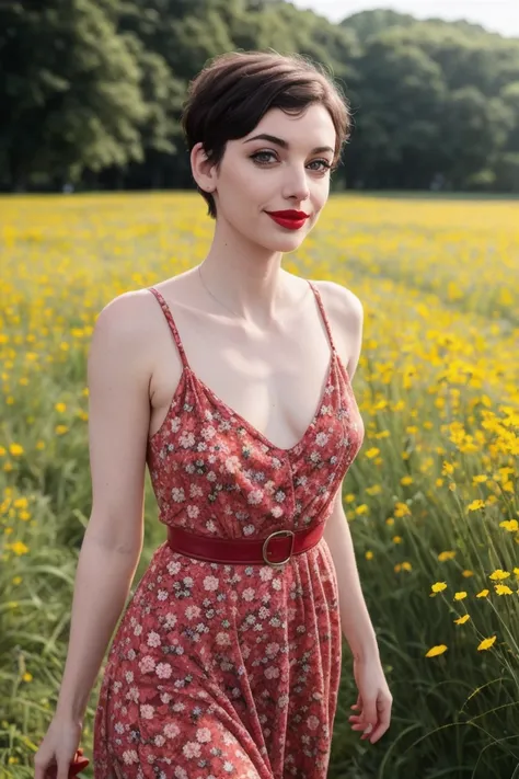 fran, ,((red lipstick, eyeliner, eye shadow, pale skin)) ,photo of a woman, RAW, ((beautiful floral print sundress)),((short hair, pixie cut)), ((outdoors, gorgeous meadow, walking)), 8k uhd, dslr, soft lighting, high quality, film grain, Fujifilm XT3 shar...