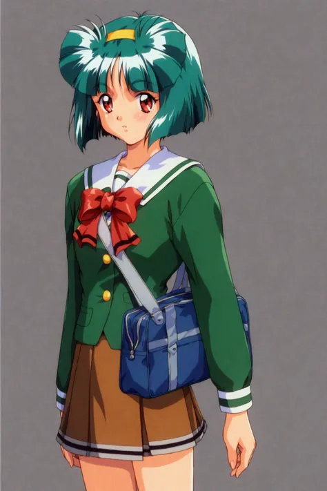 score_9,score_8_up,score_7_up,masterpiece,best quality,
Sakura Kaedeko,1girl,solo,skirt,school uniform,long sleeves,hairband,red eyes,standing,school bag,simple background,short hair,red bow,green hair,retro artstyle,1990s (style),green shirt,brown skirt,
...