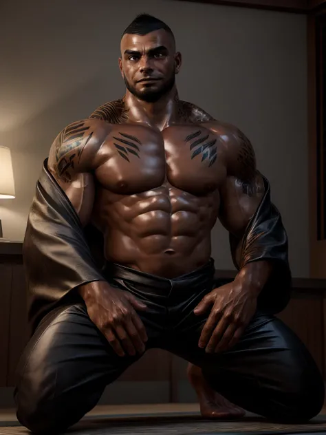 ultra realistic, unreal engine 5, james vega, dark skin, muscular, pectoral, abs, tattoo, buzz cut, beard, samurai, kimono, silk pants, kneeling, hands on knee, black eyes, smirk, raised eyebrows, looking at viewer, 
<lora:Add More Details:0.8>
<lora:James...