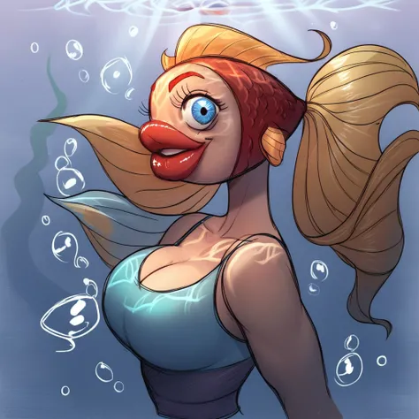 score_9, score_8_up, score_7_up, score_6_up, score_5_up, score_4_up,  BREAK solo, 1girl, mature female,  looking at viewer, eye contact,  upper body,  big breasts, blue eyes, underwater, skd, monster girl, big lips, red lips, fins, side view, smile