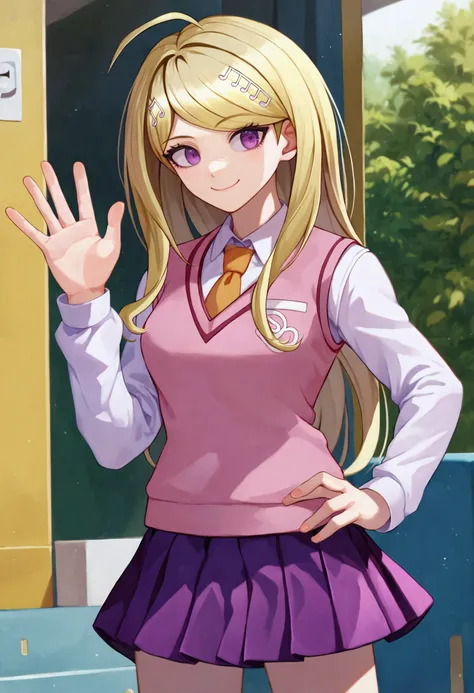 score_9_up score_8_up score_7_up, 1girl, smile, waving, hand on hip
BREAK
akamatsu kaede default, 1girl, musical note hair ornament, blonde hair, purple eyes, long hair, bangs, ahoge, skirt, shirt, necktie, sweater vest, long sleeves, pleated skirt, white ...