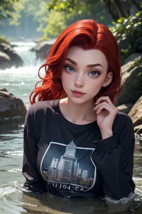 portrait of S442_ArrielleEdwards,a beautiful woman,in a (river:1.1),wearing a (long-sleeved-tshirt),(wet-hair),(4k, RAW photo, best quality, 50mm, depth of field, ultra high res:1.1),(intricate, photorealistic, cinematic-shot, masterpiece, ultra-detailed:1...