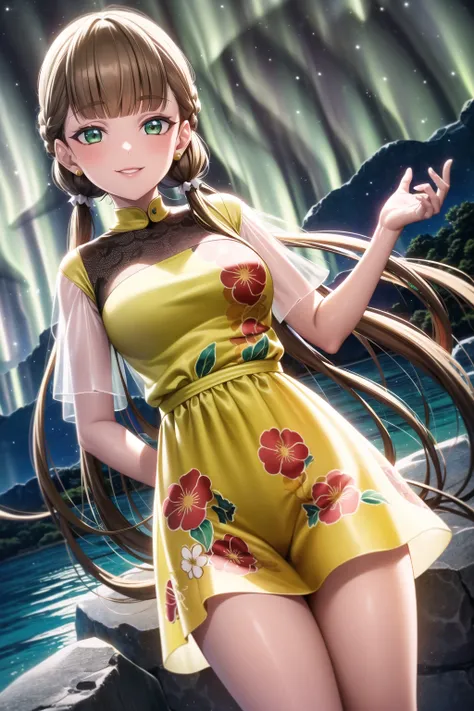 masterpiece best quality detailed eyes masterpiece best quality
1girl,  sakurakoji kinako, brown hair, bangs, low twintails, blunt bangs, green eyes, long hair, <lora:Kinakov3:0.7>, cowboy shot, standing,  seductive smile, solo
(yellow dress, short sleeves...