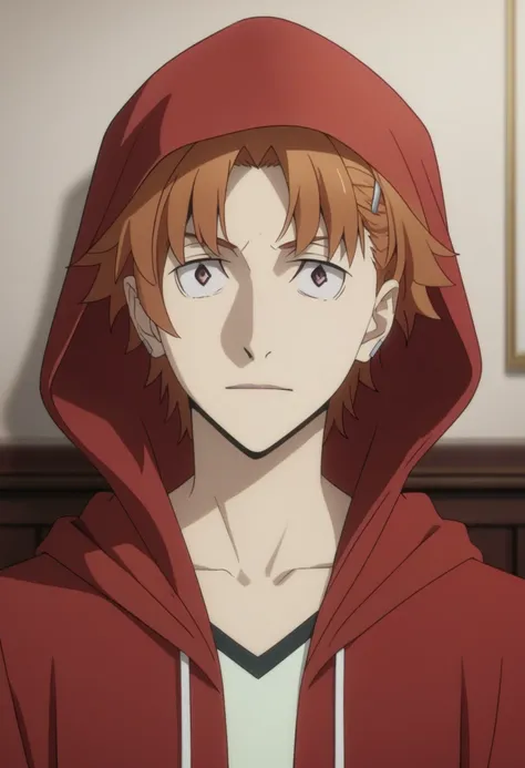 score_9, score_8_up, score_7_up, score_6_up, highly detailed, masterpiece, best quality,detailed,intricate details, amazing quality, best aesthetic, absurdres,source_anime,
Junichirou Tanizaki, orange hair, orange eyes,
hairclip,
1boy,
male focus,
red HOOD...