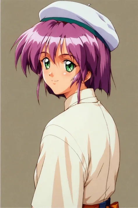 score_9,score_8_up,score_7_up,masterpiece,best quality,
Yae Kaori,1girl,solo,green eyes,white hat,smile,beret,short hair,looking at viewer,1990s (style),looking back,purple hair,retro artstyle,light pink hair,simple background,
<lora:Tokimeki Memorial 2_XL...