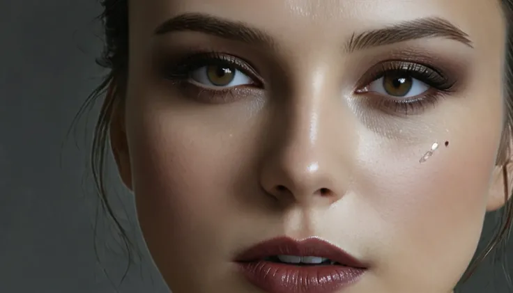 Linda Lapins,half-face close-up graphic illustration, dark brown lipstick marks adorning delicate facial features, gaze directed right and downwards, bathed in soft light with soft shadows and subtle textures, digital painting, ultra realistic.<lora:Linda_...