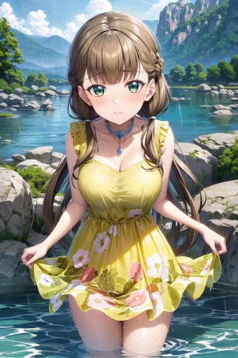 masterpiece best quality detailed eyes masterpiece best quality
1girl,  sakurakoji kinako, brown hair, bangs, low twintails, blunt bangs, green eyes, long hair, <lora:Kinakov3:0.7>, cowboy shot, standing,  (embarrassed, blush, closed mouth),, solo
(yellow ...